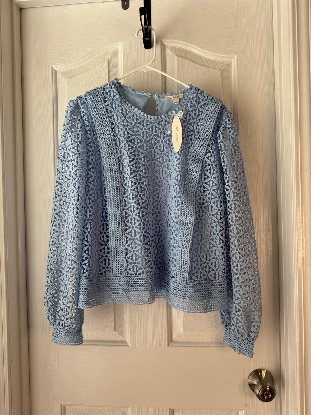 Light Blue Lace Crochet Long-Sleeve Top - Unknown Brand